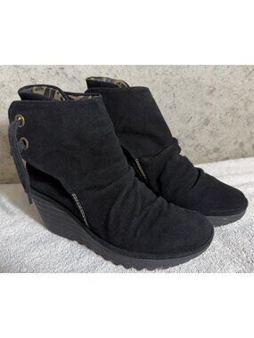 Fly London Yama Boots Womens EU 38 US 7 ½ Black Suede Platform Lug Wedge Booties